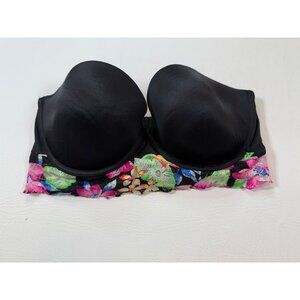 Victorias Secret Pink Black Strapless Bra 36D Floral Print Lace Trim (bin LL145)